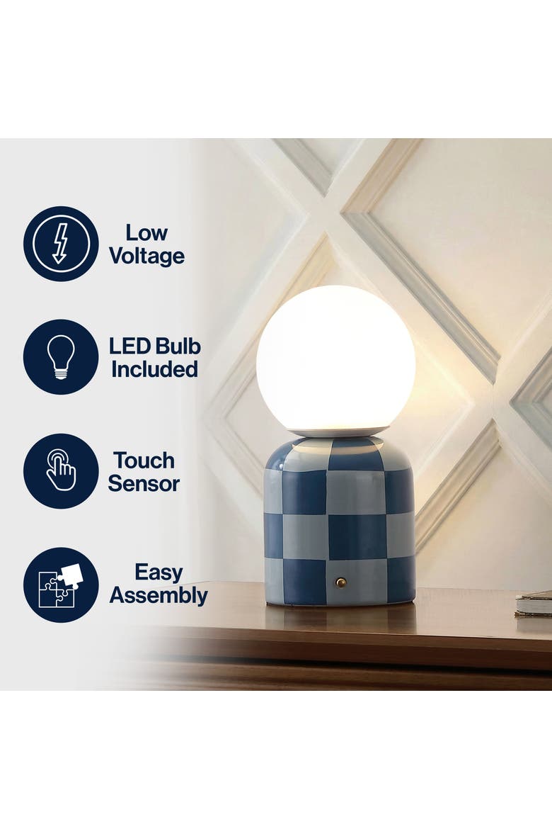 Zira Modern Checkerboard Ceramic Rechargeable Cordless Integrated Portable Dimmable with Frosted Globe Shade LED Table Lamp, Alternate, color, Light Blue/Dark Blue