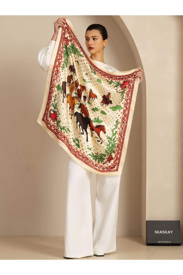 Pure Silk Horse Herd Square Scarf, Alternate, color, Yellow
