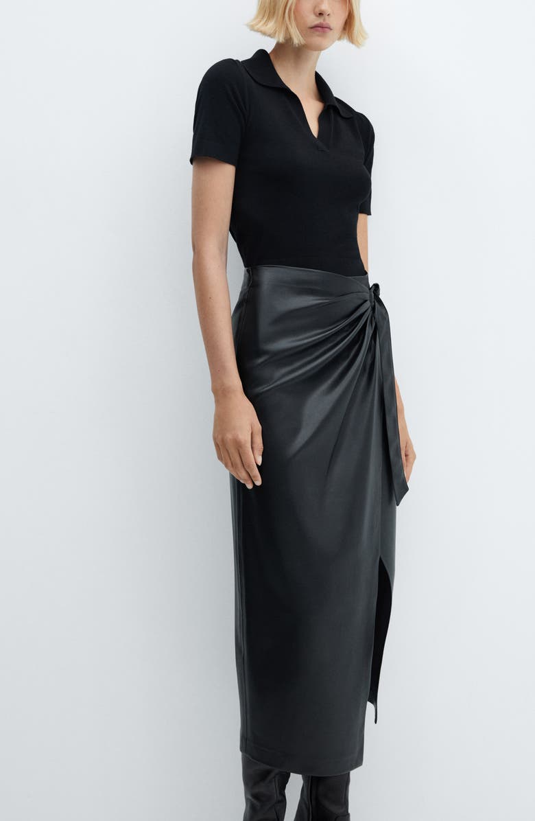 MANGO Draped Faux Leather Wrap Midi Skirt, Alternate, color, 