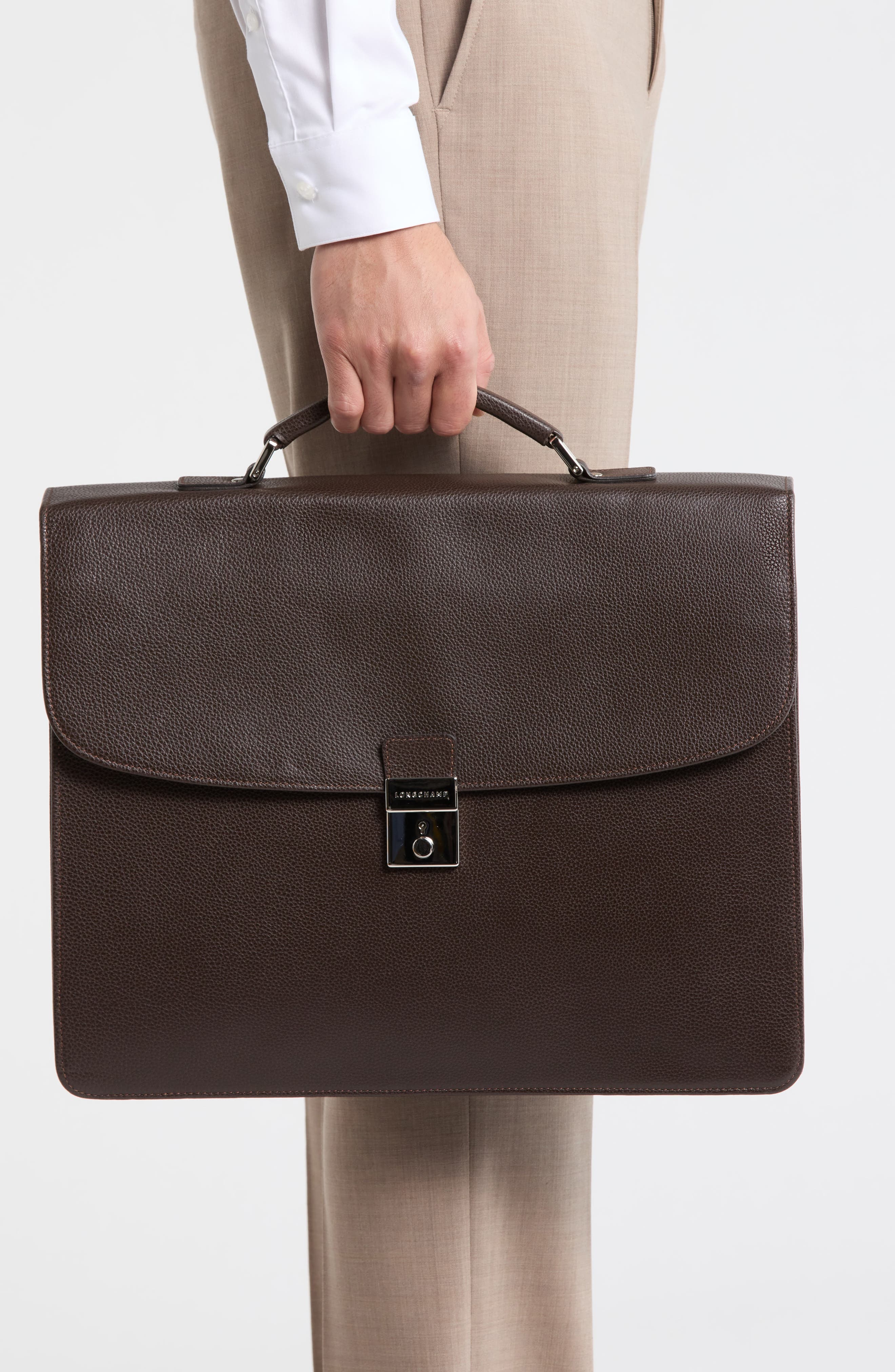 Longchamp Leather Flap Briefcase, Alternate, color, Moka