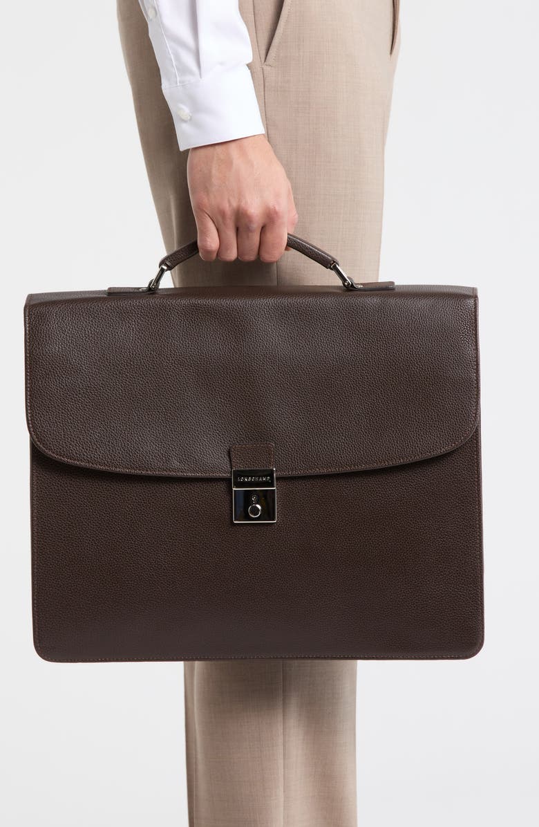 Longchamp Leather Flap Briefcase, Alternate, color, Moka