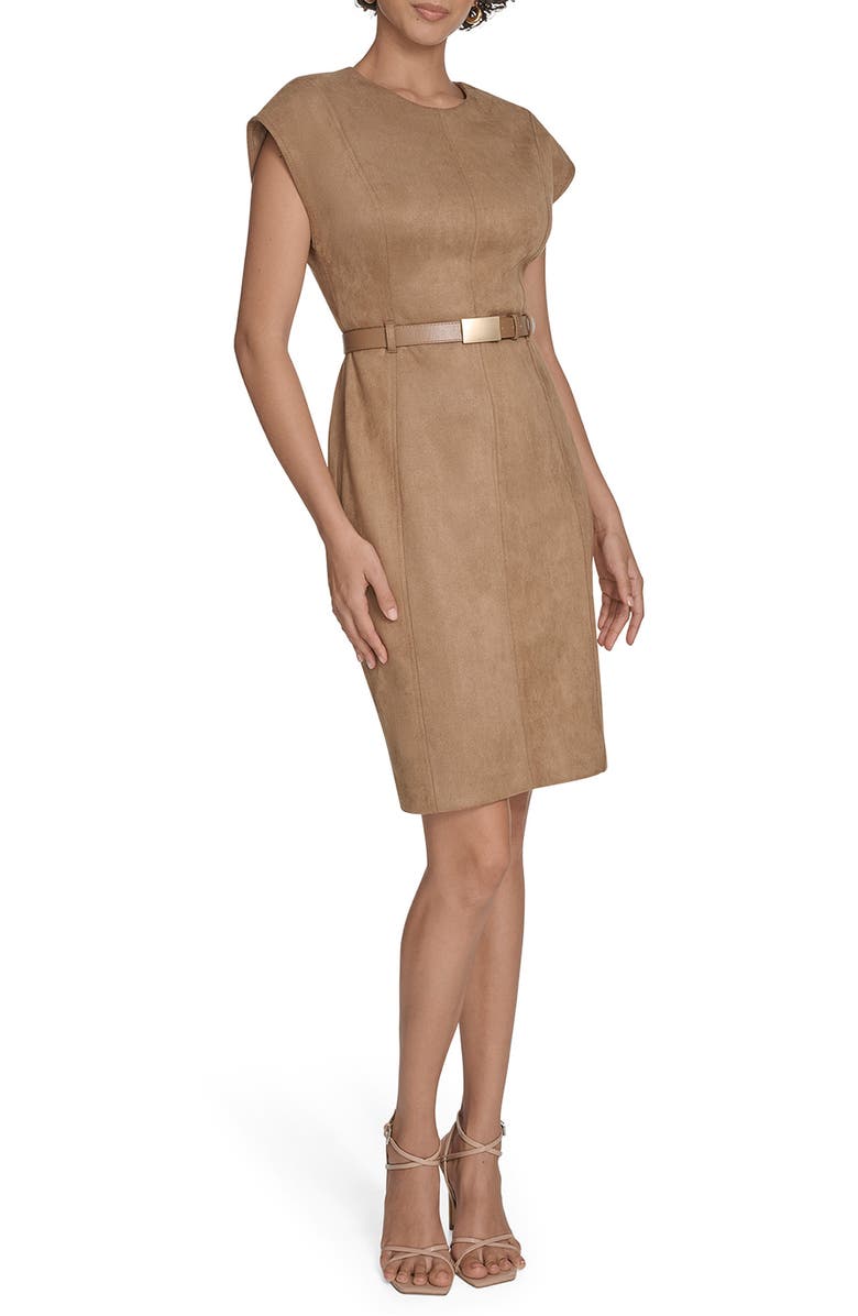 Calvin Klein Cap Sleeve Belted Faux Suede Sheath Dress, Main, color, Luggage