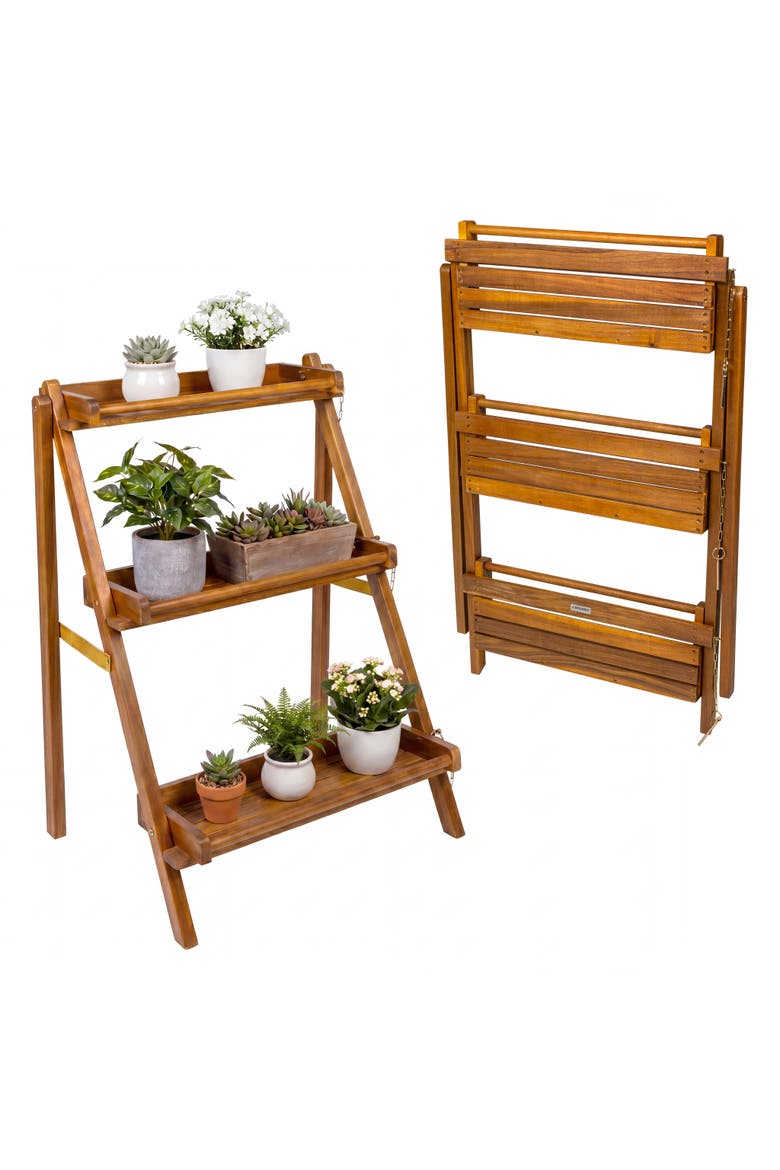 Hollis 3-Tier Acacia Wood Indoor/Outdoor Foldable Compact Freestanding Ladder Plant Stand Display Rack Shelf, Main, color, Natural