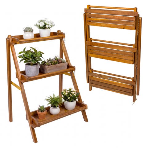 Hollis 3-Tier Acacia Wood Indoor/Outdoor Foldable Compact Freestanding Ladder Plant Stand Display Rack Shelf
