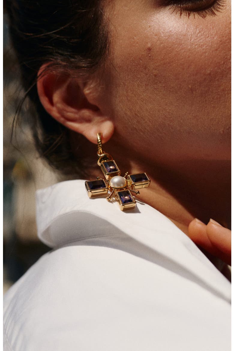 Byzantine Cross Earrings, Alternate, color, Purple & Gold & White