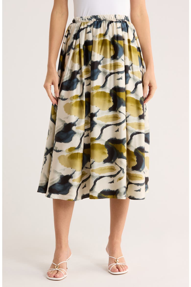 Polka Dot Satin Midi Skirt, Main, color, OLIVE WATERCOLOR GEODE
