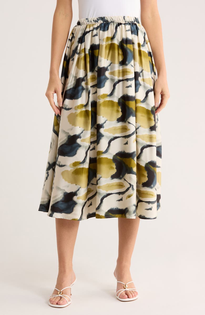 Adrianna Papell Polka Dot Satin Midi Skirt, Main, color, Olive Watercolor Geode