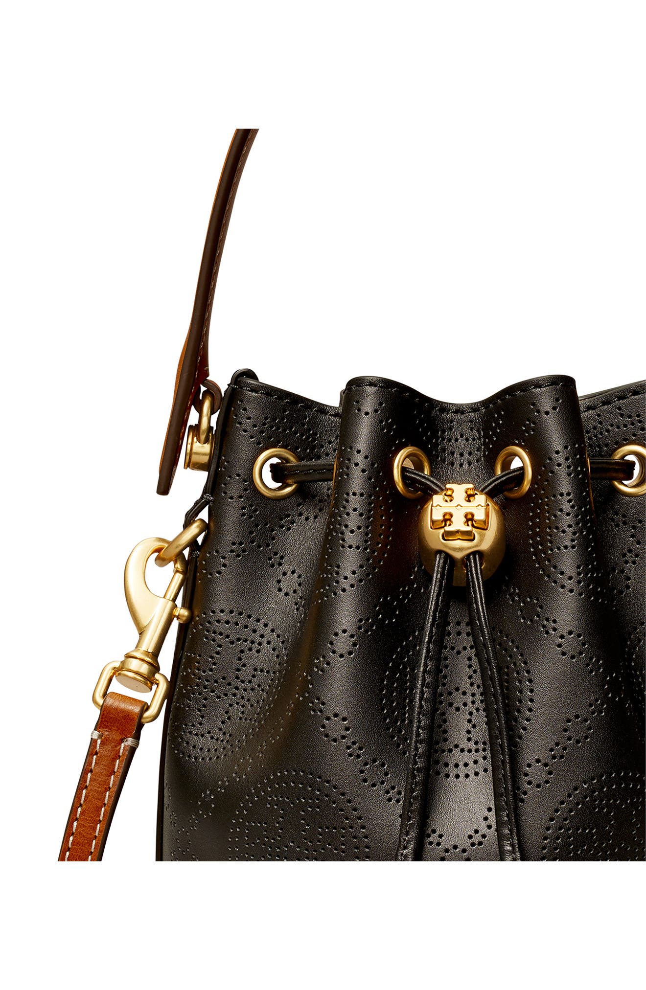 Tory Burch Mini T Monogram Perforated Leather Bucket Bag, Alternate, color, 