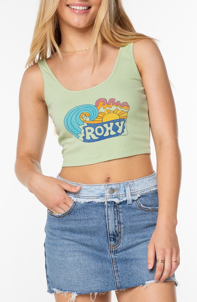 Roxy Grateful for Nature Crop Rib Graphic Tank, Main, color, Tarragon