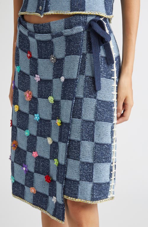 Yanyan Floral Ribbon Checkerboard Knit Wrap Skirt In Blue