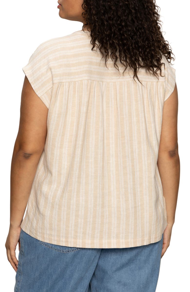 Sanctuary By The Bay Stripe Short Sleeve Linen Blend Button-Up Shirt, Alternate, color, Sandstone Stripe