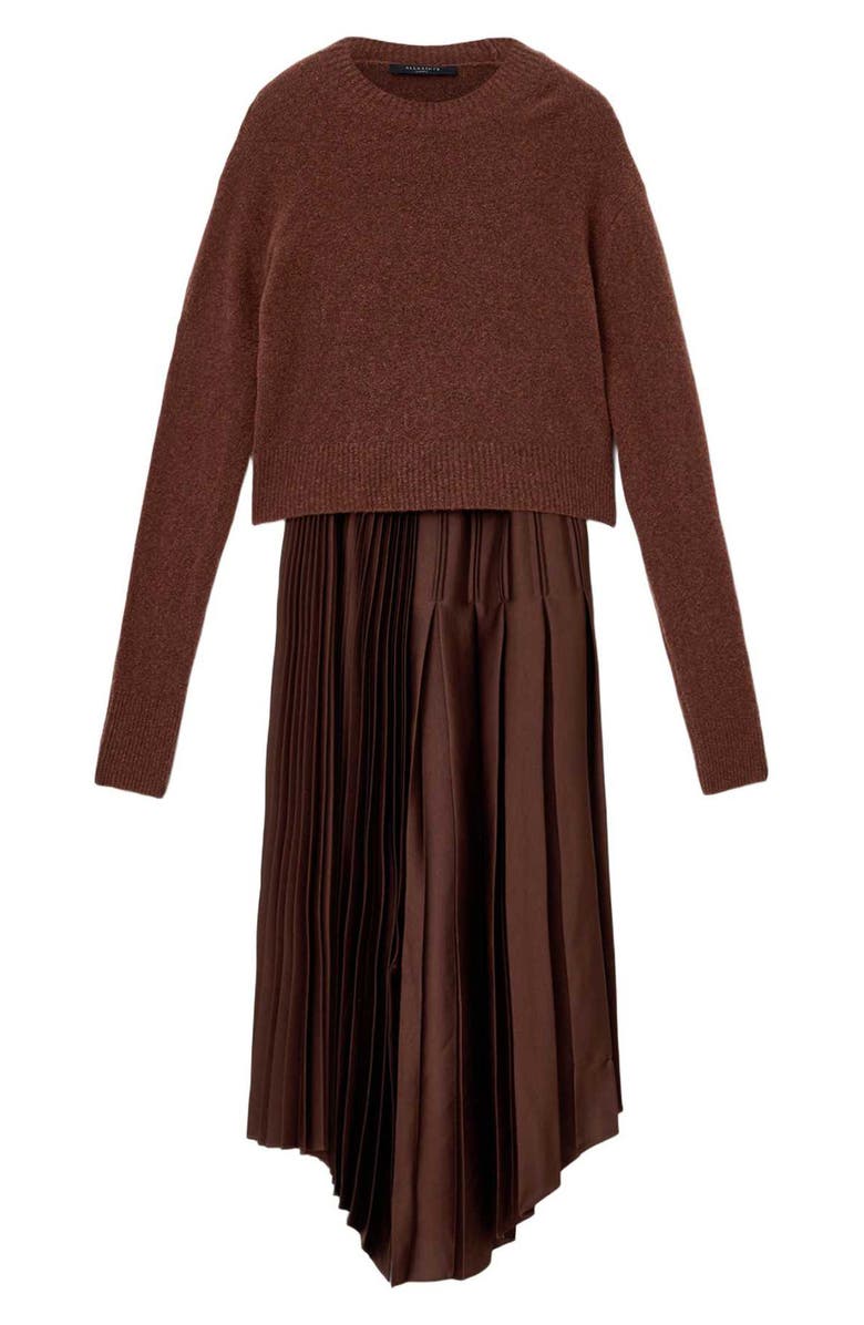AllSaints Jax Wool Blend Sweater & Pleated Sleeveless Dress, Alternate, color, Chestnut Brown