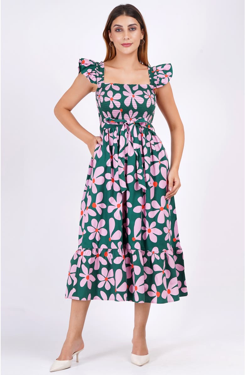 Leota Ivanna A-Line Smocked Midi Dress, Alternate, color, Dancing Daisies Evergreen