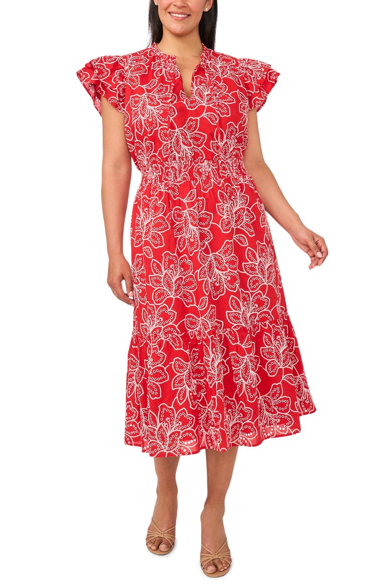 Floral Eyelet Lace Midi Dress, Main, color, CLASSIC CHERRY