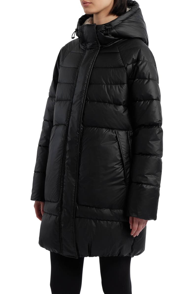 Hunter Almond Water Repellent Faux Shearling Lined Hooded Puffer Jacket, Alternate, color, Black