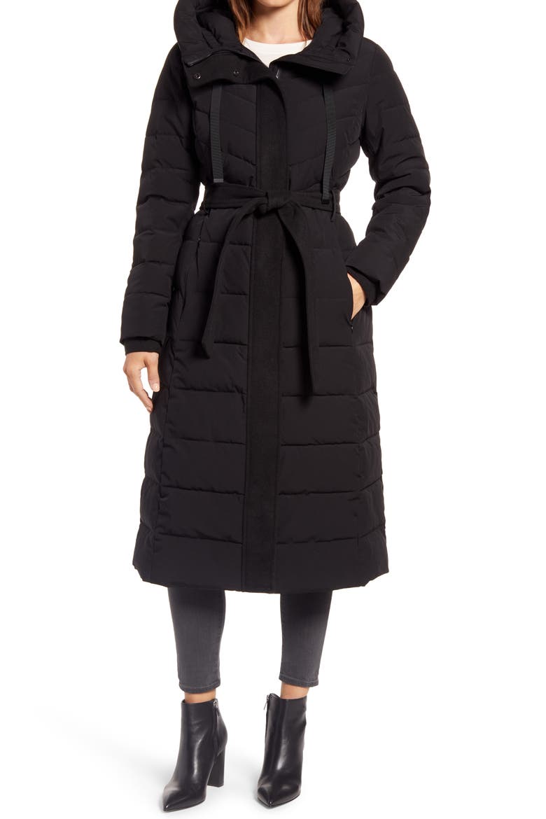 Belted Hooded Quilted Coat, Main, color, BLACK