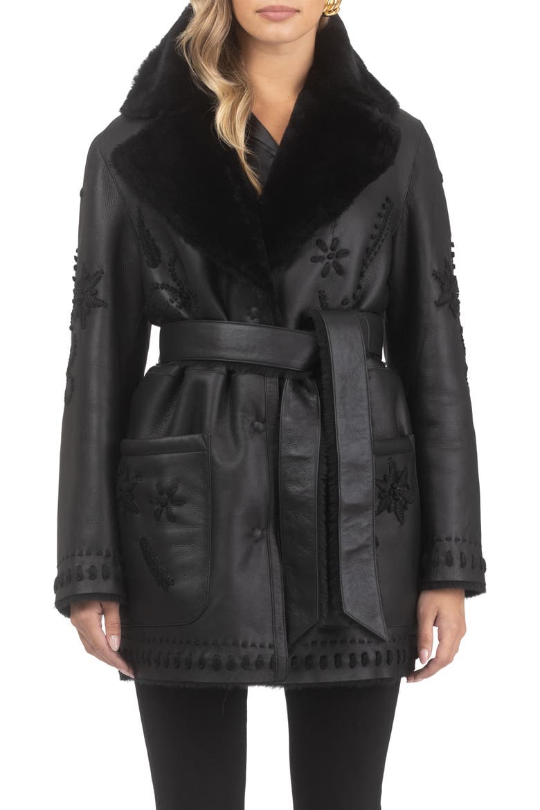 Genuine Shearling Short Jacket with Embroidery, Belt, Main, color, BLACK/BLACK
