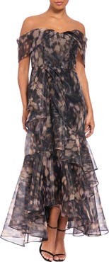 Maggy London Print Off-the-Shoulder Organza Gown