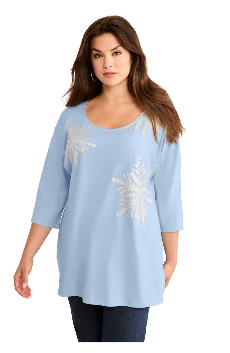 Roaman's Three Quarter Sleeve Embellished Tunic, Main, color, Blue Sparkle Snowflakes