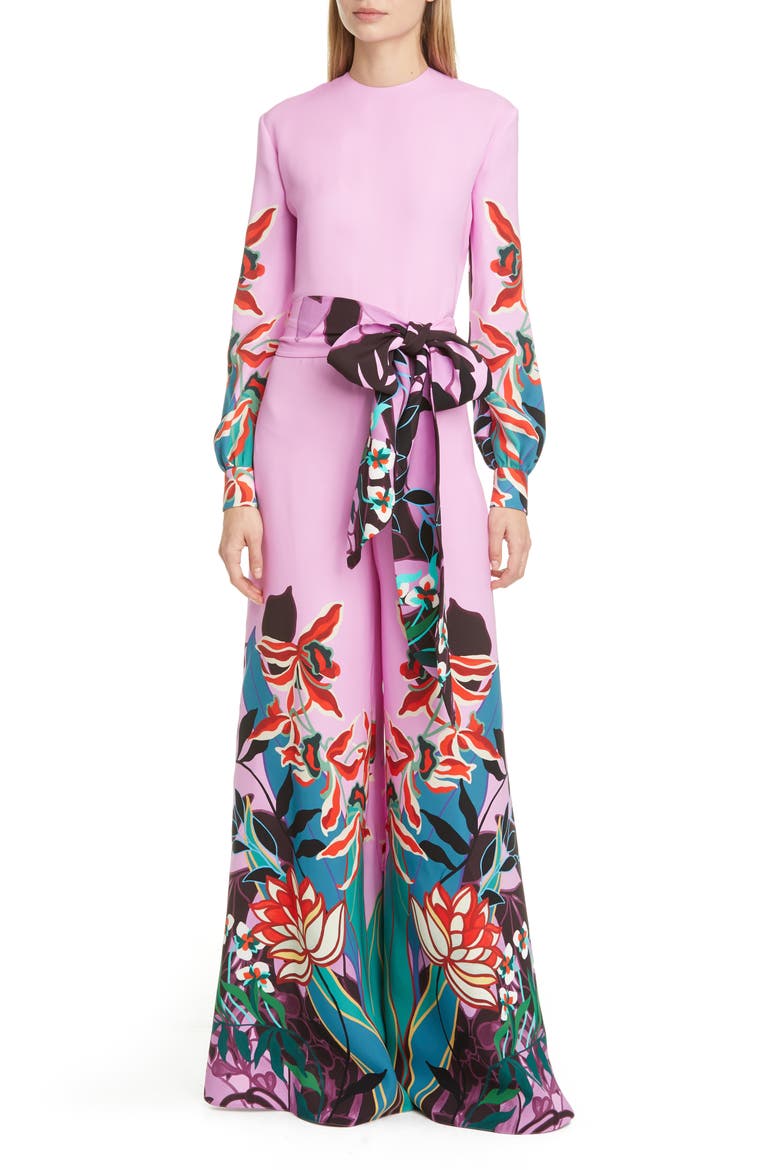 Orchid Print Long Sleeve Wide Leg Silk Cady Jumpsuit, Main, color, CHERRY BLOSSOM MULTICOLOR