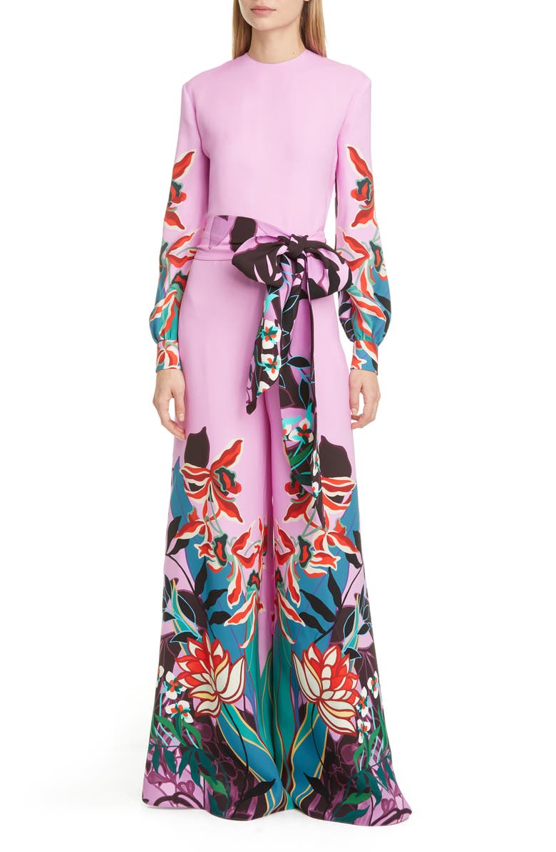 Valentino Orchid Print Long Sleeve Wide Leg Silk Cady Jumpsuit, Main, color, 