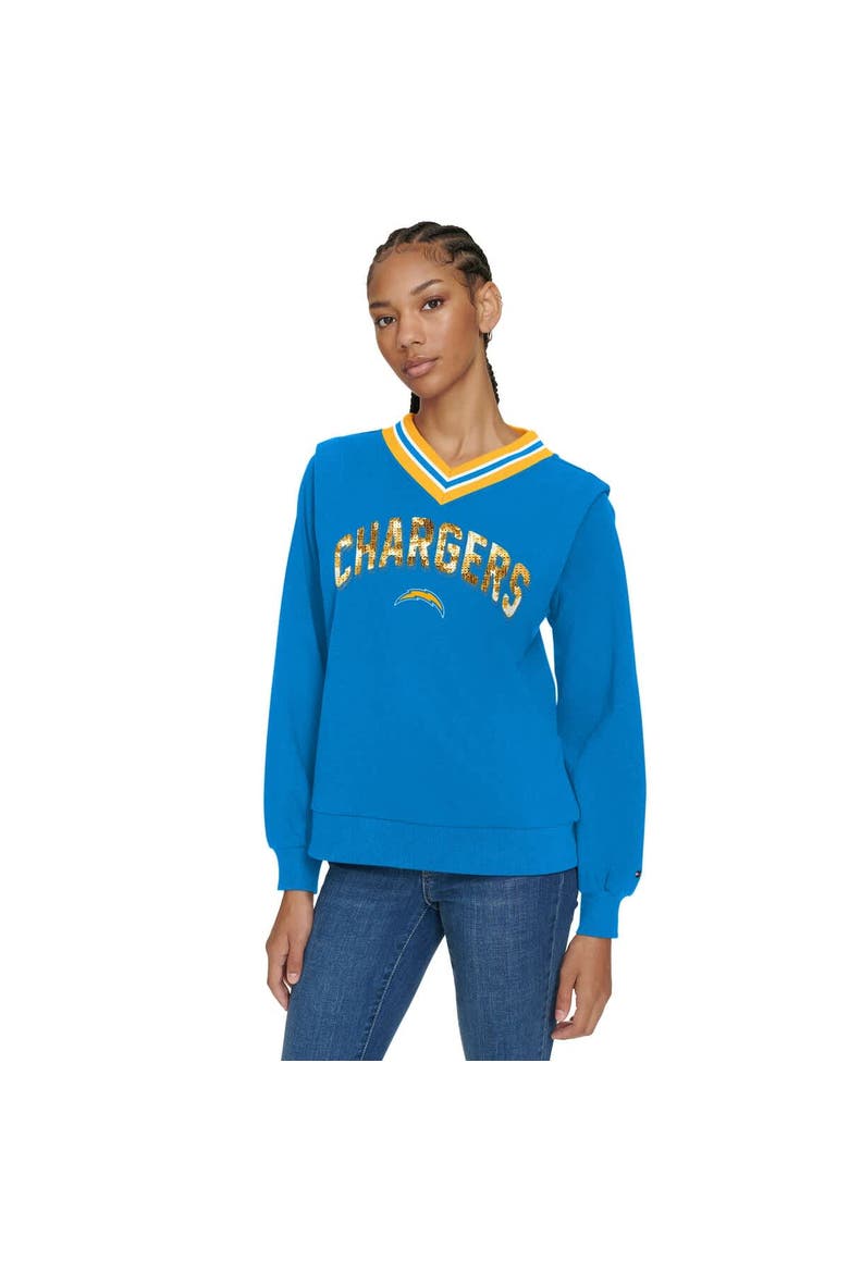 Women's Tommy Hilfiger Powder Blue Los Angeles Chargers Alice V-Neck Pullover Sweatshirt, Main, color, Powder Blue