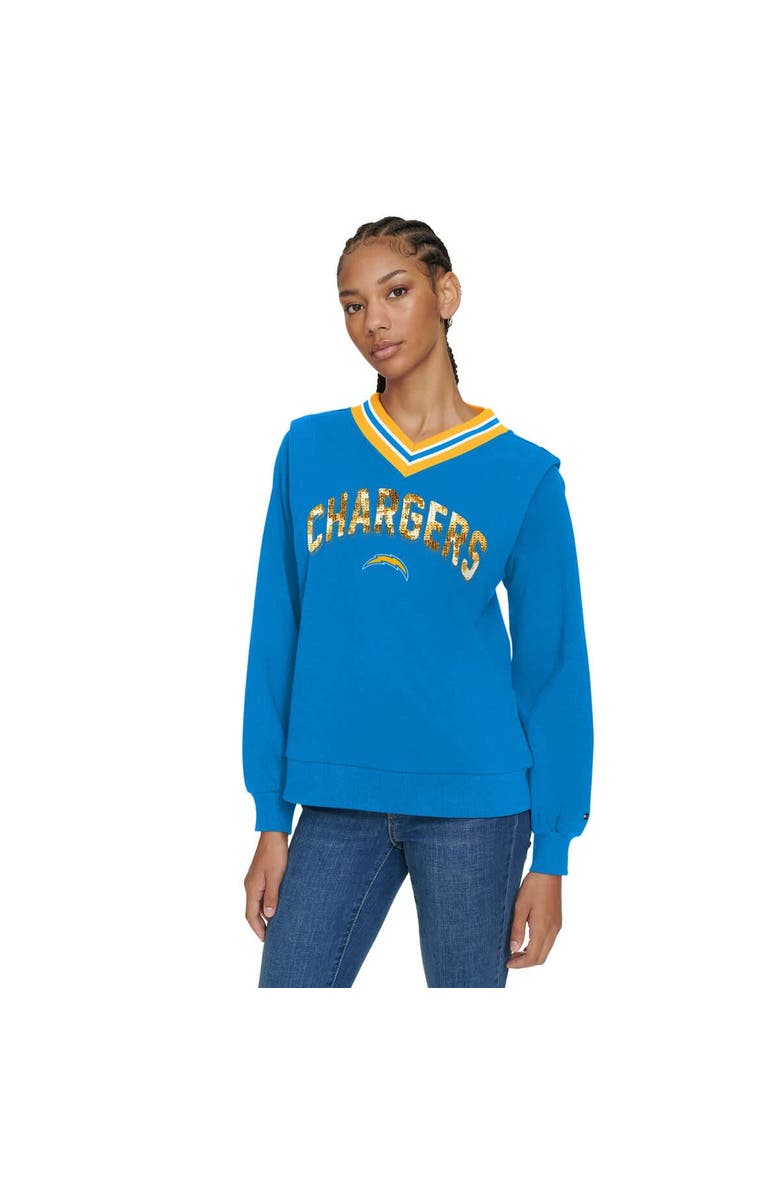 Tommy Hilfiger Women's Tommy Hilfiger Powder Blue Los Angeles Chargers Alice V-Neck Pullover Sweatshirt, Main, color, Powder Blue