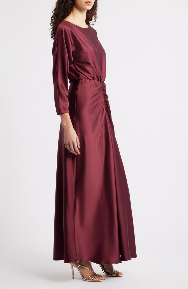 Julia Jordan Ruched Detail Long Sleeve Satin Gown, Alternate, color, Wine