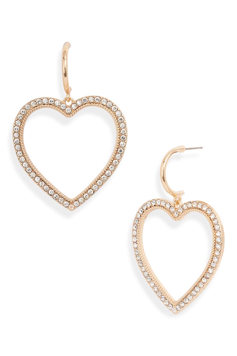 Pavé Heart Drop Earrings, Main, color, CLEAR- GOLD