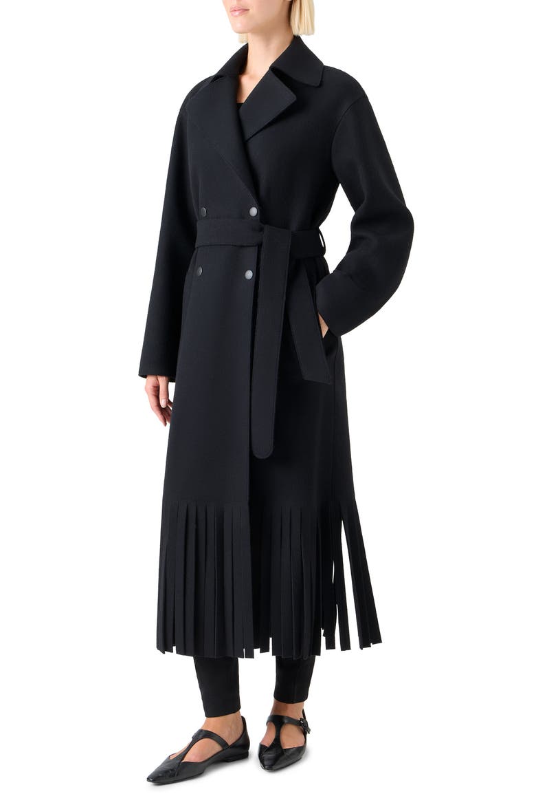 Fringe Hem Wool Blend Belted Coat, Alternate, color, BLACK