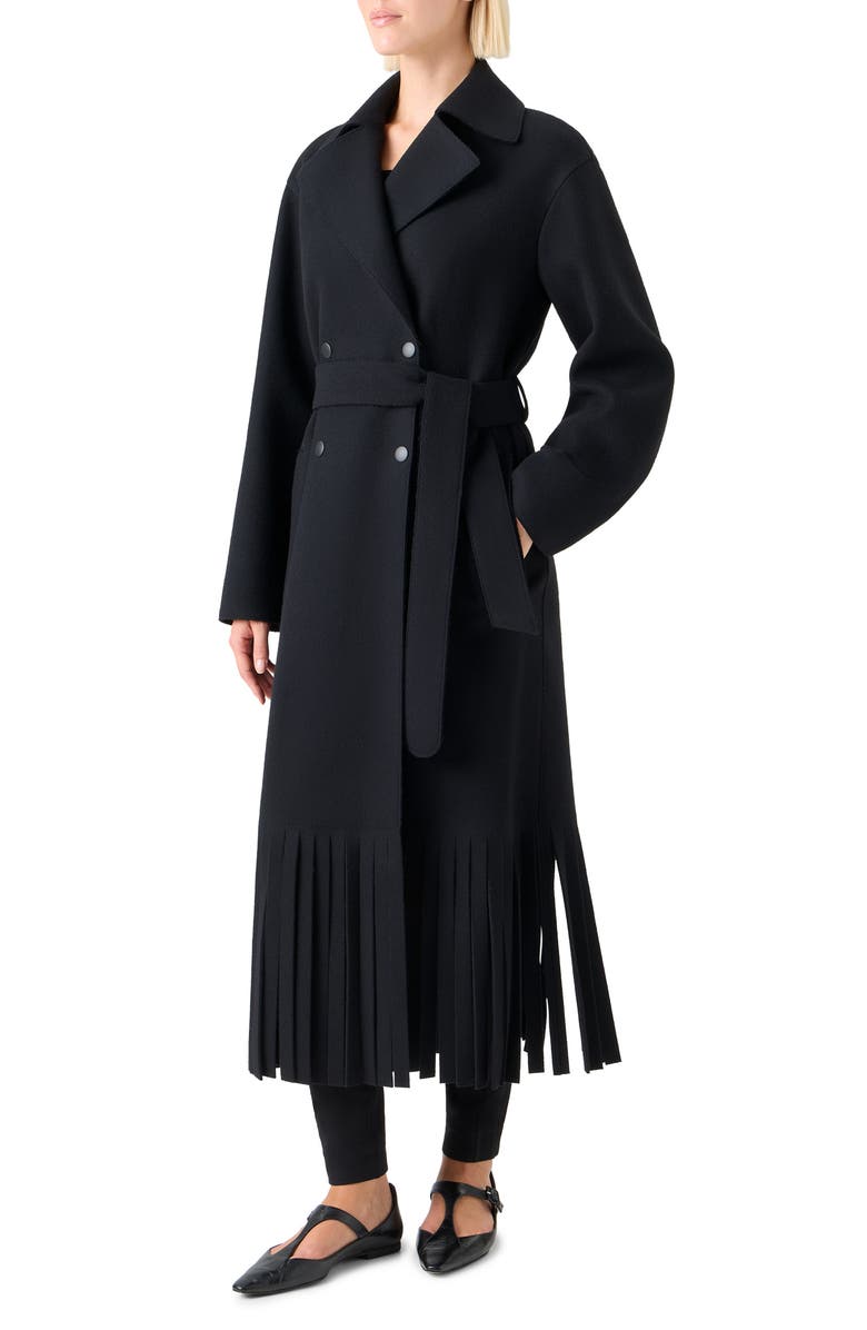 Akris punto Fringe Hem Wool Blend Belted Coat, Alternate, color, Black