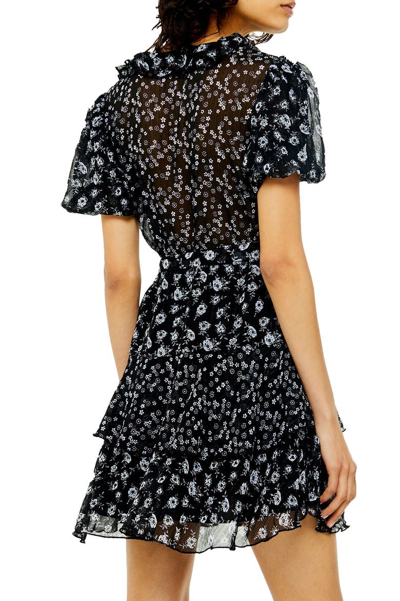 Ditsy Floral Print Ruffle Minidress, Alternate, color, BLACK MULTI