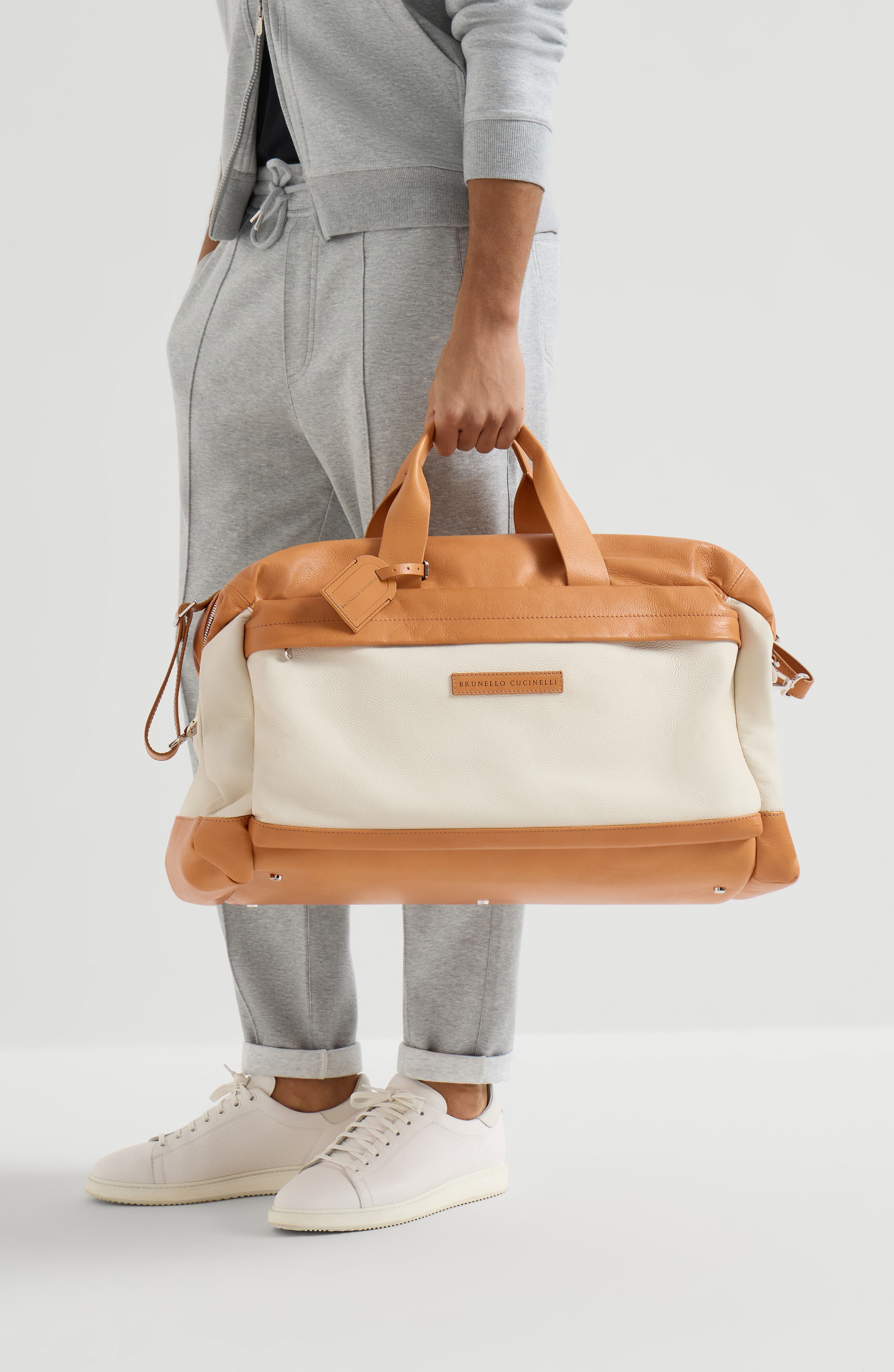 Brunello Cucinelli Grained calfskin active bag, Alternate, color, Natural