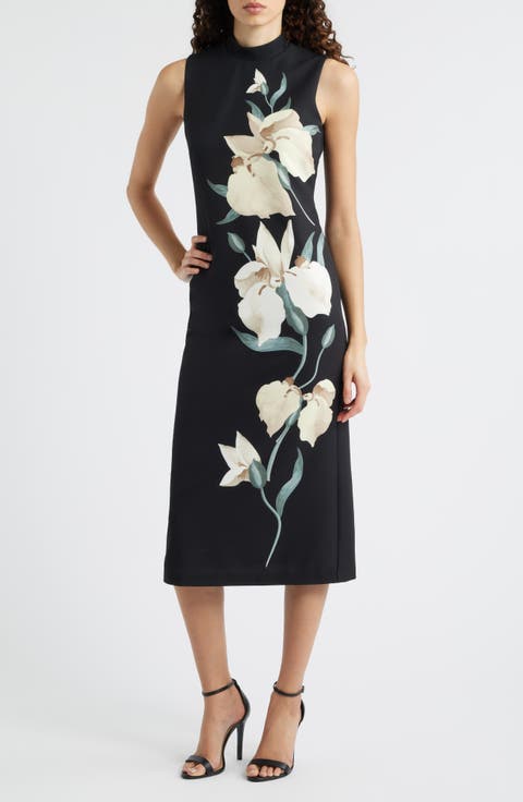 Floral Print Mock Neck Midi Dress