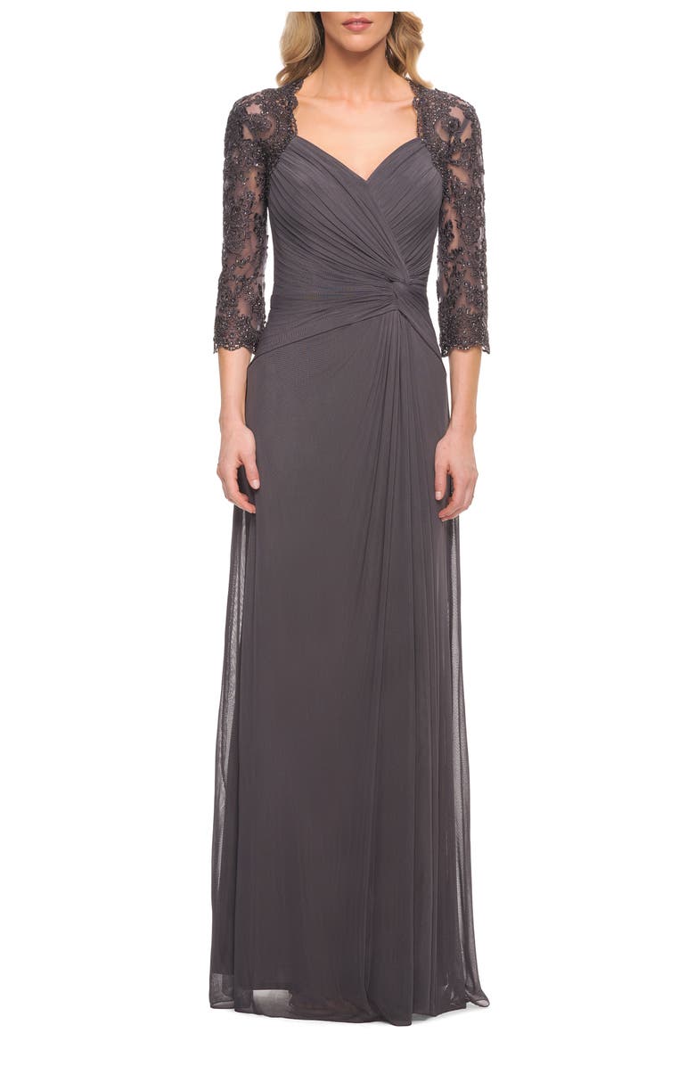 La Femme Jersey Gown with Knot Detail and Lace Sleeves, Main, color, Gunmetal