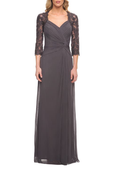 Jersey Gown with Knot Detail and Lace Sleeves