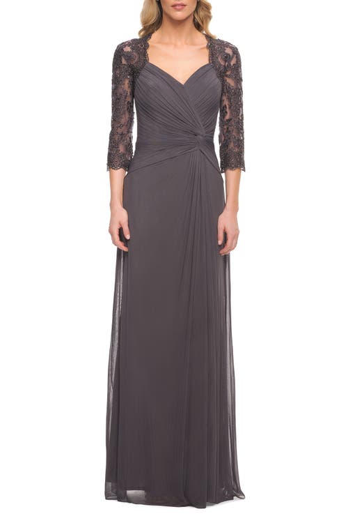 La Femme Jersey Gown With Knot Detail And Lace Sleeves