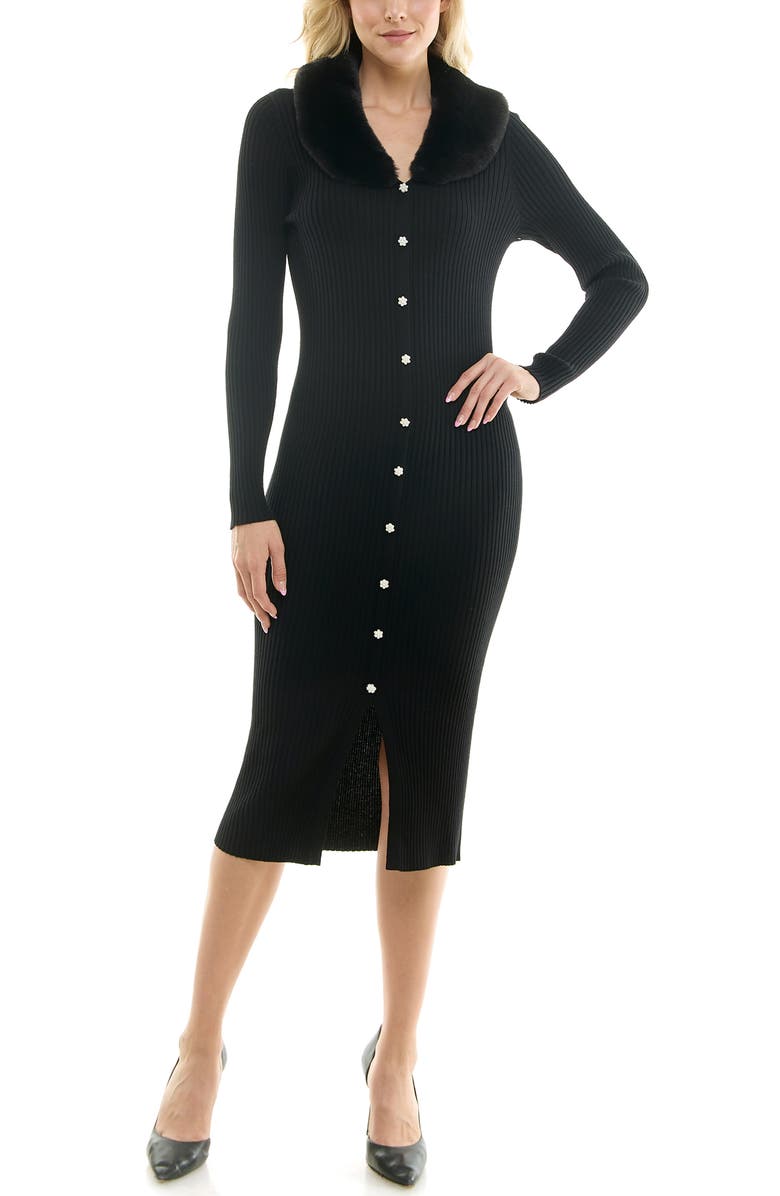 Taylor Dresses Long Sleeve Sweater Dress with Faux Fur Collar, Main, color, 