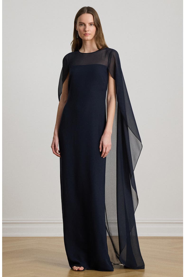 Cape Detail Triple Georgette Gown, Alternate, color, LAUREN NAVY BLUE