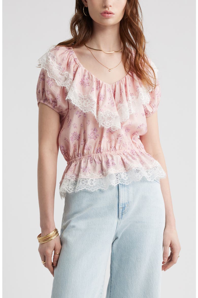 Lace Trim Puff Sleeve Peplum Top, Main, color, PINK LAYERED SPRIGS