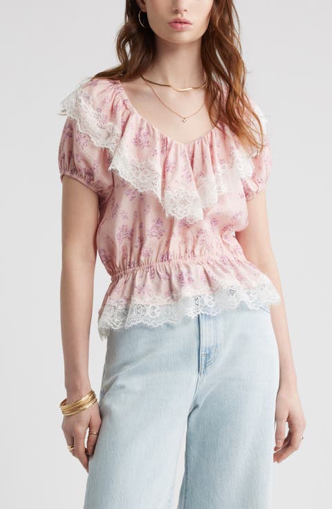 Lace Trim Puff Sleeve Peplum Top