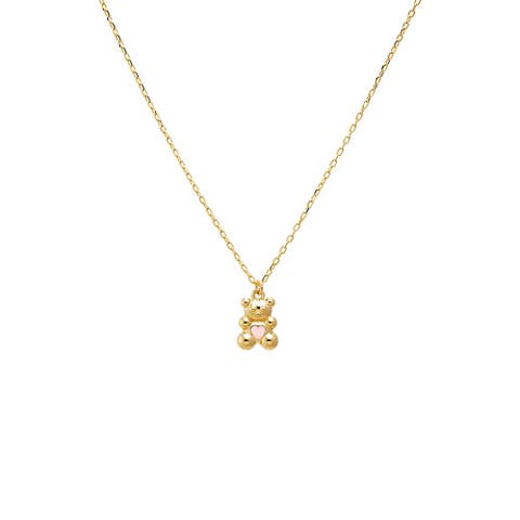 Kids Pink Heart Bear Necklace 14K