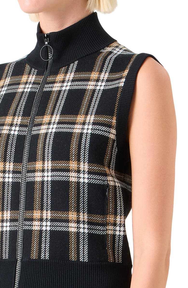 Akris punto Plaid Virgin Wool Zip Sweater Vest, Alternate, color, Black-Cream-Camel