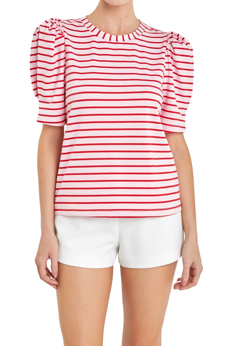 English Factory Stripe Puff Sleeve Top, Alternate, color, Pink/Red