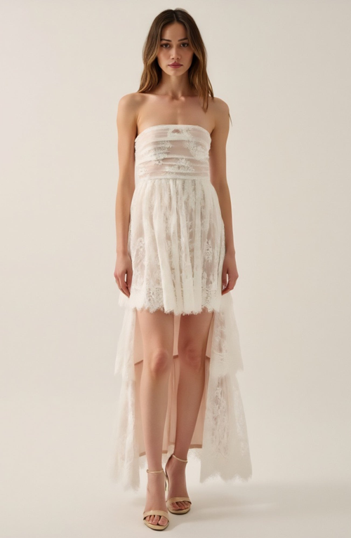 Modenaire Strapless High-low Dress With Sheer Bodice And Tiered Skirt In Brown