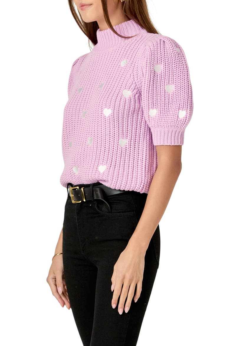 Heart Embroidered Puff Sleeve Sweater, Alternate, color, LILAC