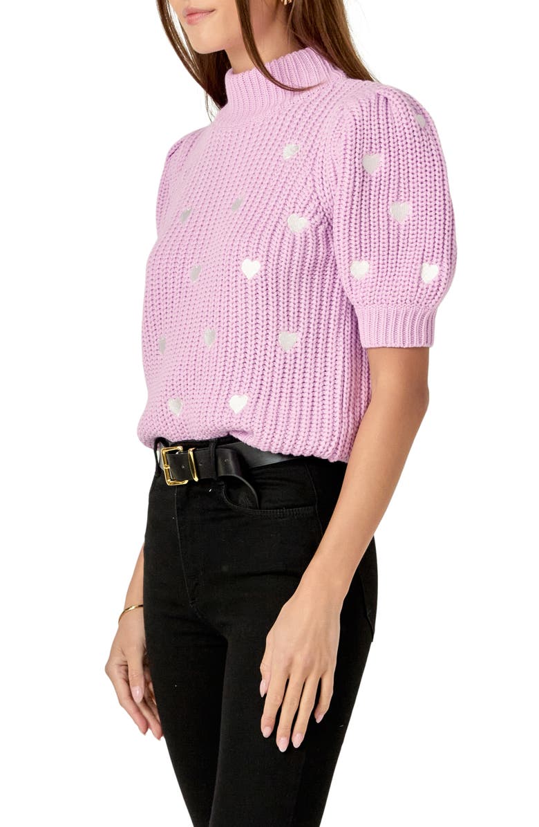 English Factory Heart Embroidered Puff Sleeve Sweater, Alternate, color, Lilac