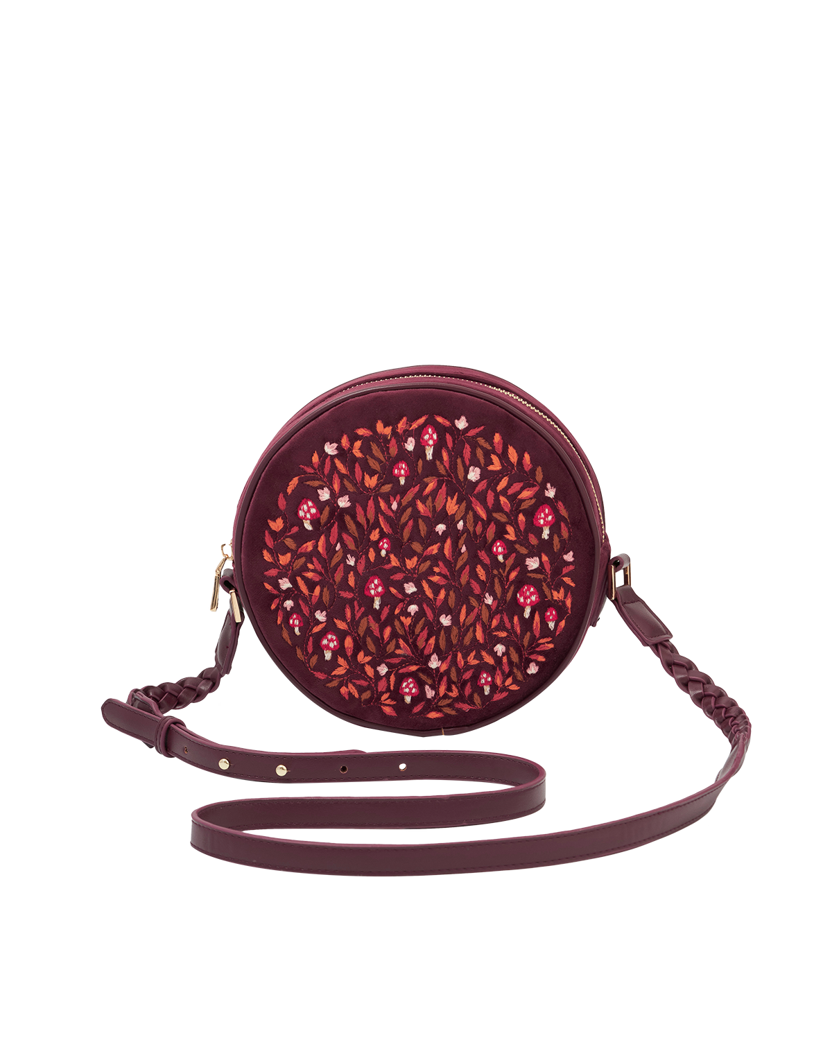 Fable England Magical Mushroom Embroidered Burgundy Velvet Circle Bag, Main, color, Red