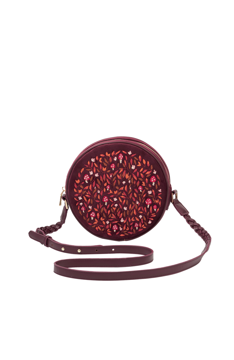 Fable England Magical Mushroom Embroidered Burgundy Velvet Circle Bag, Main, color, Red