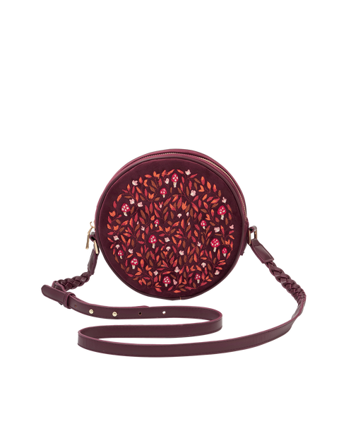 Magical Mushroom Embroidered Burgundy Velvet Circle Bag